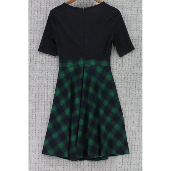 REPHYLLIS Fit & Flare Dress Womens Small Black/Green Plaid 3/4 Sleeve V Neck - Picture 2 of 7